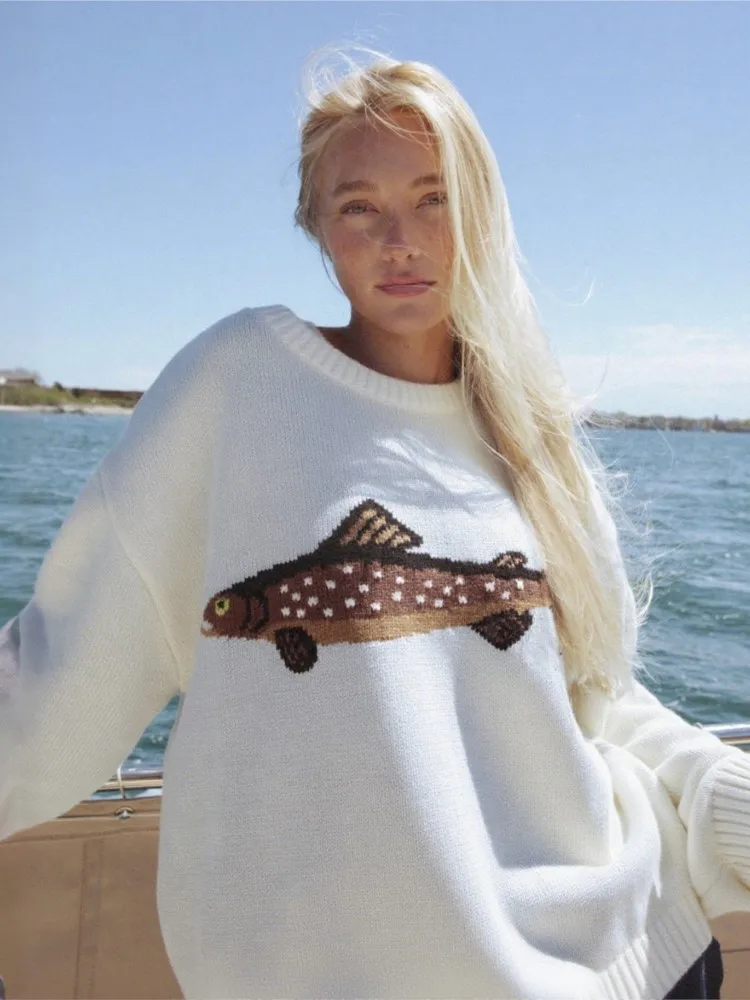 

Woman's Fashion Cartoon Pattern Pullover Autumn Winter White O-neck Long Sleeves Loose Knitted Sweater Ladies Warm Sweaters