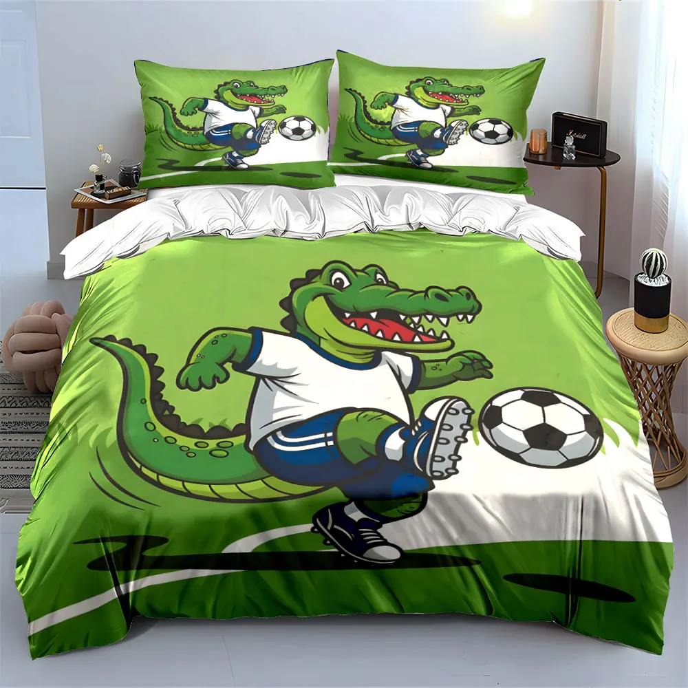 Cute Cartoon Crocodile Playing Football Bedding Set 3pcs, Green Animal Soccer Kid Print 1 Duvet Cover And 2 Pillowcase, Gift