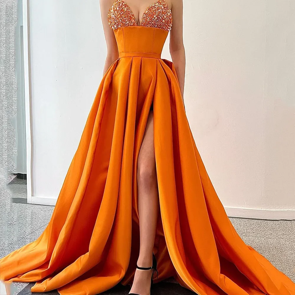 

Orange Evening Dresses Spaghetti Strap V-Neck Sexy Formal Party Dress Pleat Side Sequin Long Evening Gowns High quality Retro