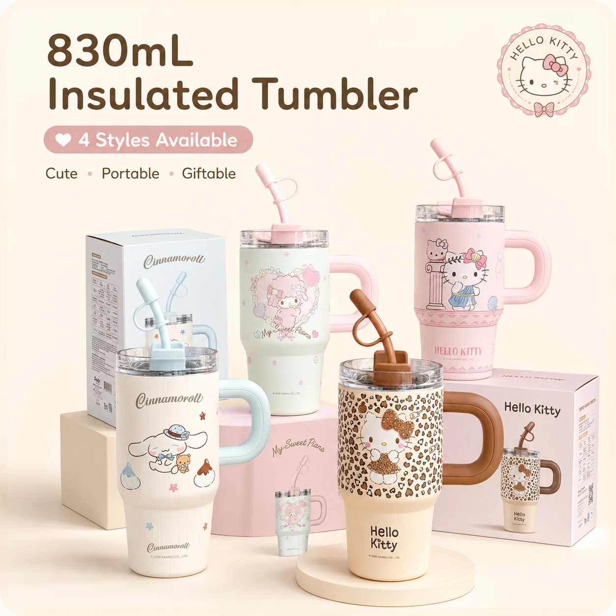 Sanrio830ml Insulated Tumbler Stainless Double Wall Vacuum  Summer Cold Winter Warm Water Cup Dual Drink Straw Tumbler Girl Gift