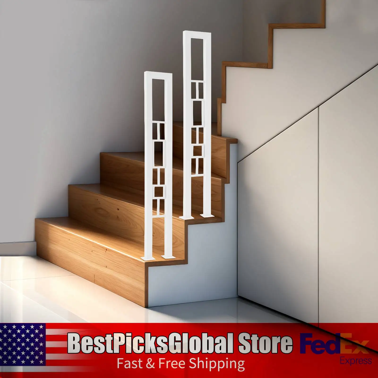 2 قطعة درابزين درج بارتفاع 35.43 بوصة على شكل حرف U، أبيض/أسود، مستطيل + نمط مربع، أقطاب دعم أمان من الحديد المزخرف #3