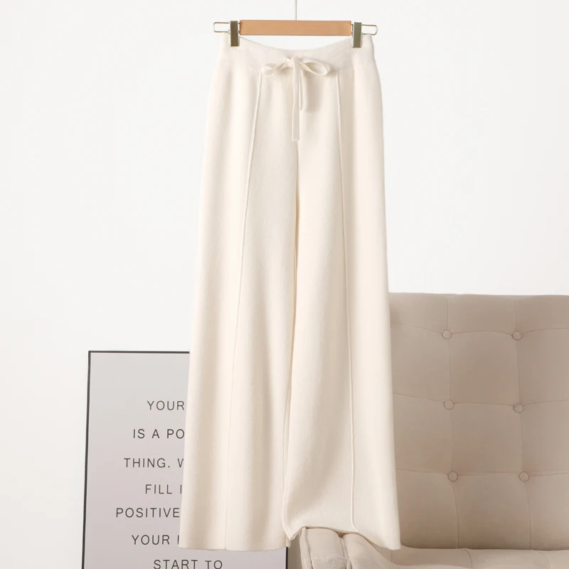 Women's Wool Wide Leg Pants Elastic Waist Casual Loose Pants For Winter Autumn 100% Merino Wool Knitwear Soft Thickened Trousers