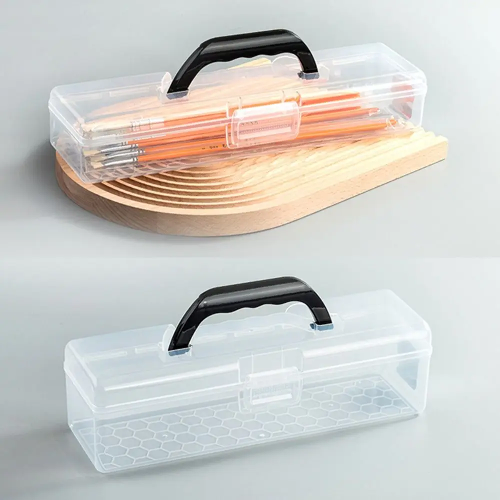 

Useful Plastic Clear Storage Box Clear Desktop Organizer Painting Brush Case with Handle Calligraphy Toolbox Stationery Storage