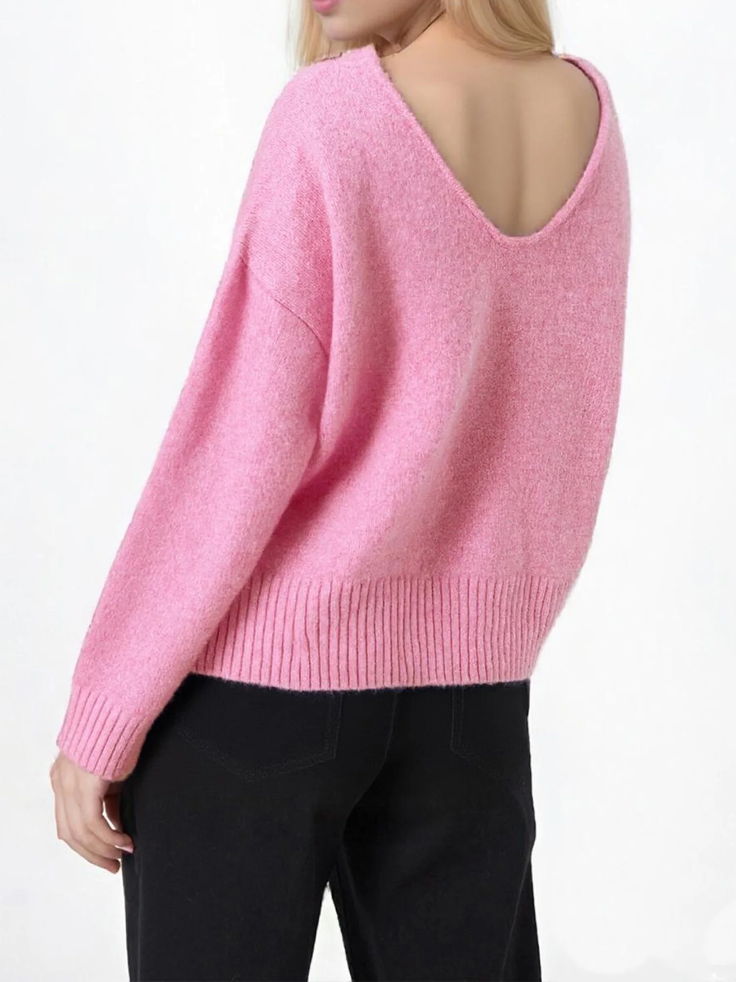 Pull à épaules dénudées pour femmes, coupe ample, décontracté, élégant, solide, garniture côtelée, dos nu, col bateau, manches longues, hauts en tricot