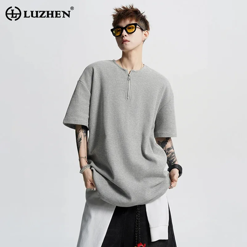 

LUZHEN модные элегантные свободные футболки с круглым вырезом и короткими рукавами на молнии, мужские летние однотонные повседневные топы 2025, JY2165