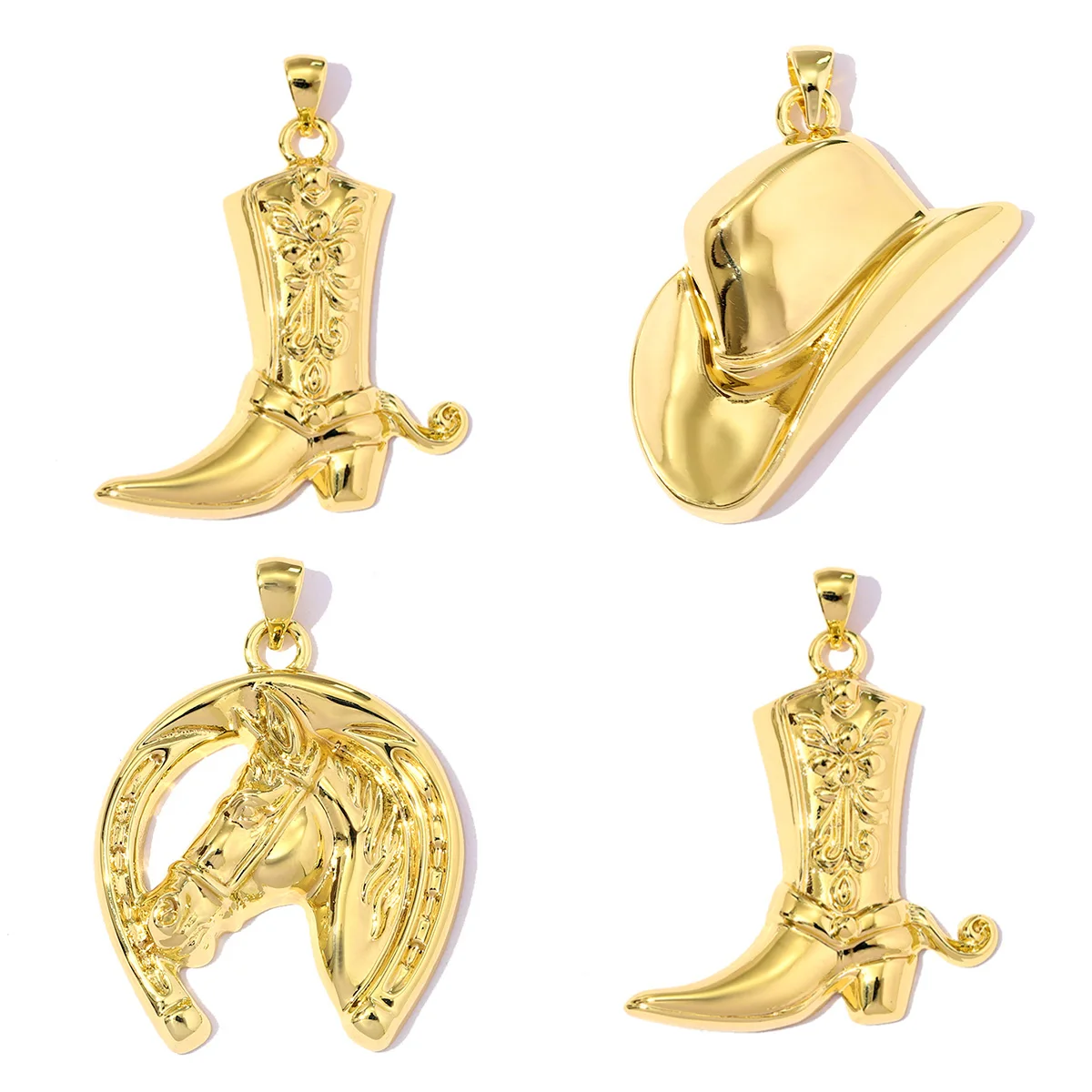 3pcs/Lot 18K Real Gold Plated Western Cowboy Hat Boots DIY Necklace Pendant Wholesale Unique Horseshoe Charms Jewelry for Women