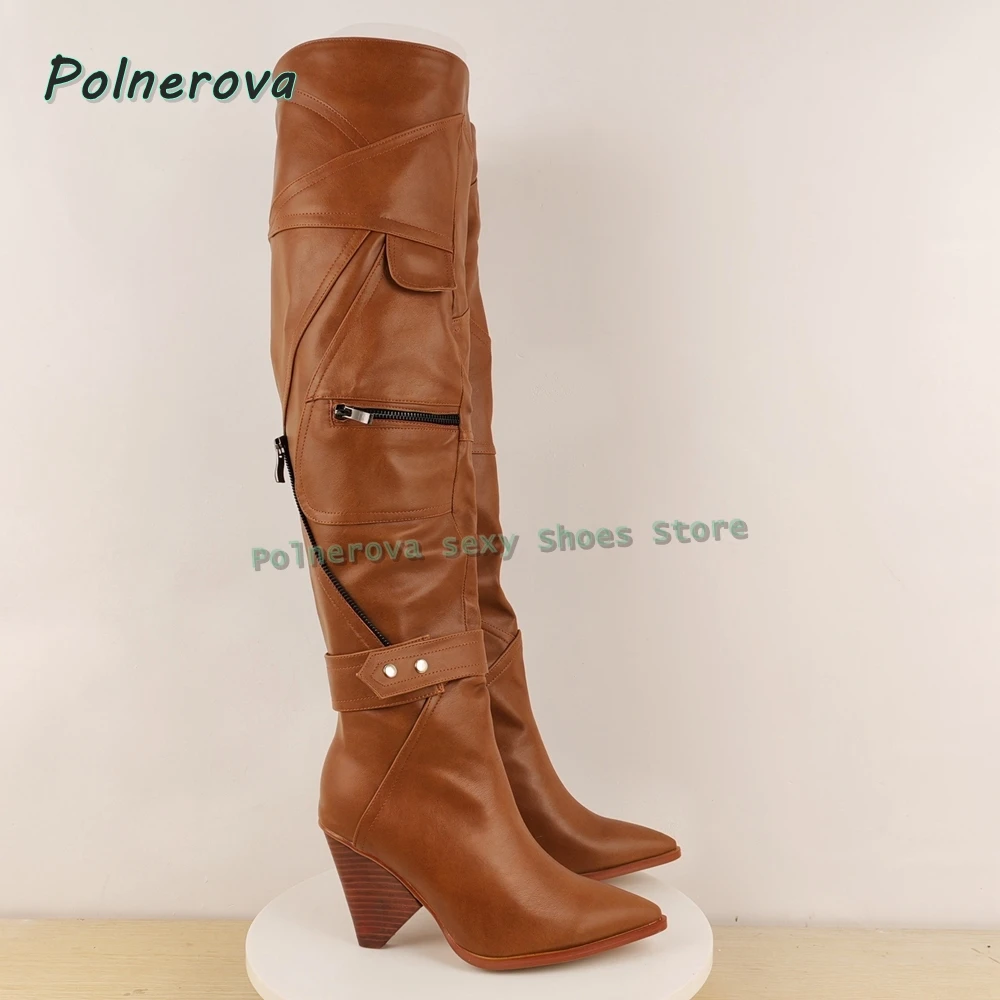 Pocket Zipper Decoration Fashion Boots Pointed Toe Spike Heels Solid Retro Lady Runway Show Over The Knee Boots 2026 New Style