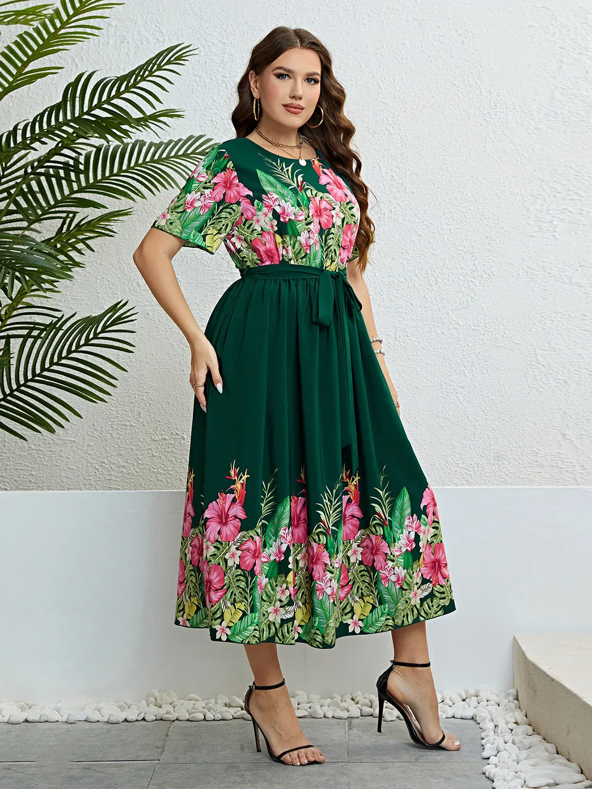 Plus Size Womne Dress Crew Neck Floral Print Patchwork Female Robe A-Line Color Block Short Sleeves Lady Waist Belt Summer Gown