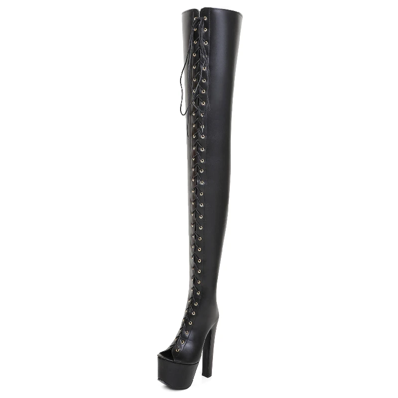 Super Hoge Laarzen Vrouwen Veters Herfst 17Cm Hoge Hakken Over De Knie Laarzen Platform Lange Stripper Fetish Schoenen Dame Grote Maat 46