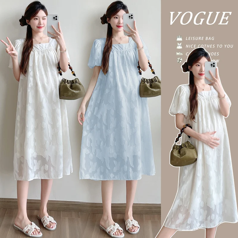 Summer Pregnant Women's Clothing Puff Sleeve V-neck High Waist Maternity Chiffon Dress Long Loose Lady White Party Dress Sweet
