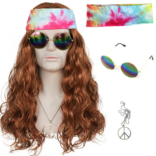 Marrón sintético 60s 70s 80s Retro Punk Hippies Rocker Fiesta Disco hombres mujeres Cosplay Halloween largo esponjoso rizado ondulado
