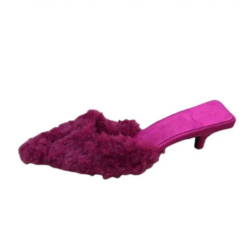 Women Fur Slippers Warm Mules Shoes Casual Mid Heels Boots New Pointed Toe Plush Slingback Flip Flops Cotton Boots