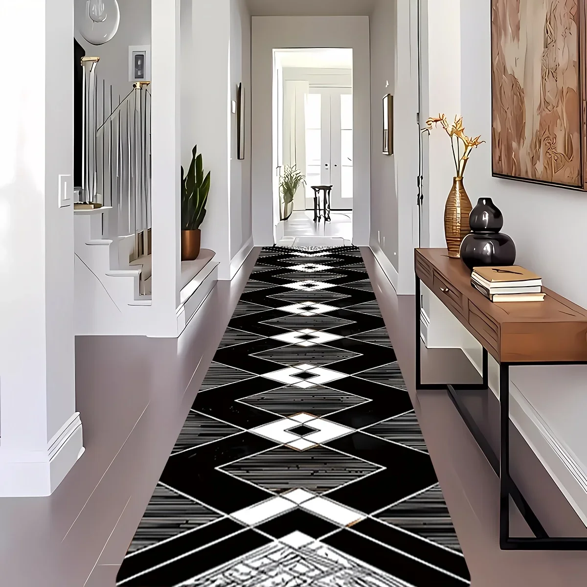 a 1pc Bohemian Geometric Pattern Runner Carpet, And Non-Slip, Suitable for Entrances, Hallways, Corridors, Studies, And Can Be