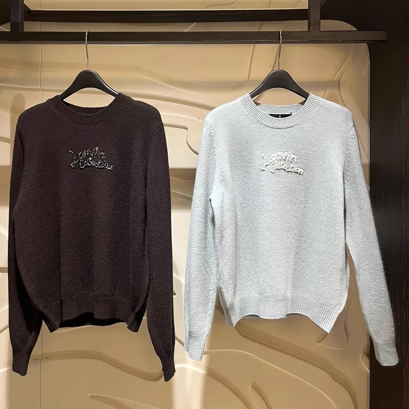 

MICOAT Simple High-End Feeling Women's Knitted Sweater Wool round Ne Letter Embellied Sequins Two Colors Spring Faion