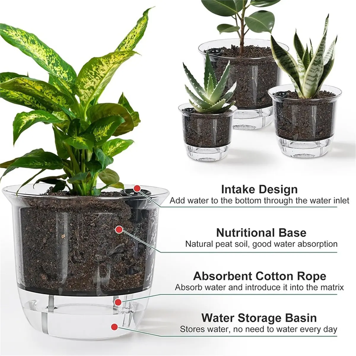 2026 New Plant Pots 6/5/4 Inch Set of 3,Self Watering Pots Self Watering Pots with Reservoir, Absorbent Cotton Rope