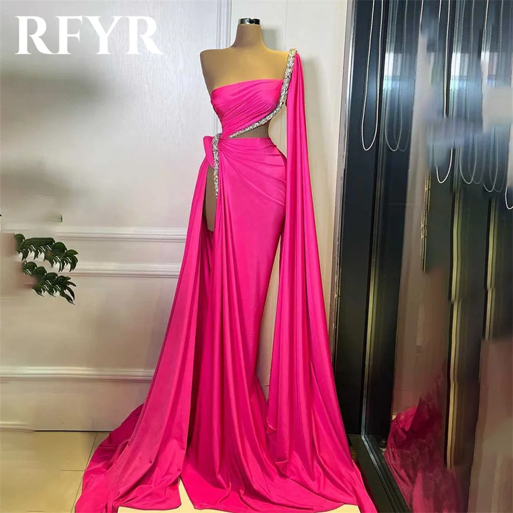 

RFYR Fuchsia Elegant One Shoulder Women Evening Dress Simple Beading with Pleat Trumpet Split Prom Formal Gowns Dress Customized