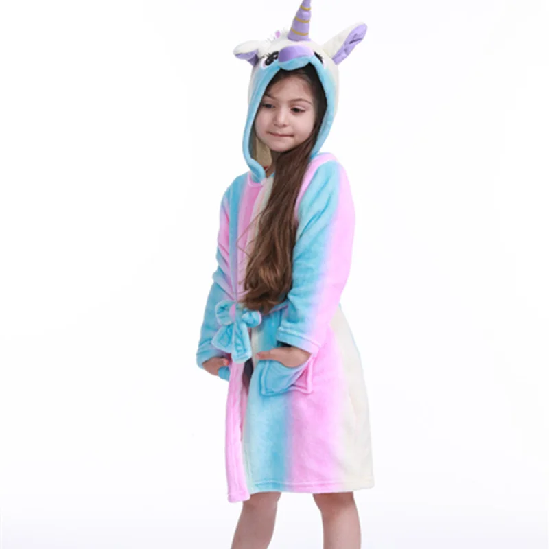 Unicorn Cartoon Kids Hooded Bath Robes, Children Sleepwear, Bathing Robe, Keep Warm, Easy to Clean, Boys, Girls Pajamas, Autumn,