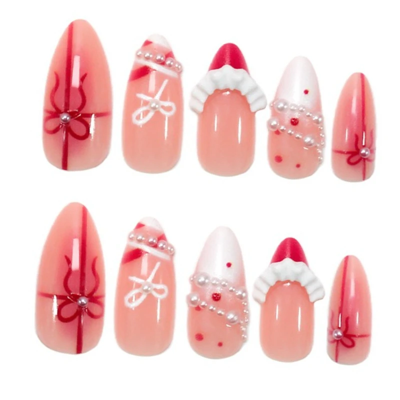 

24PCS Bow Ribbon Polka Dot Press on Nails French Pearl Pleated Design Almond Fake Nails New Sweet Gentle Style False Nails 네일팁투명