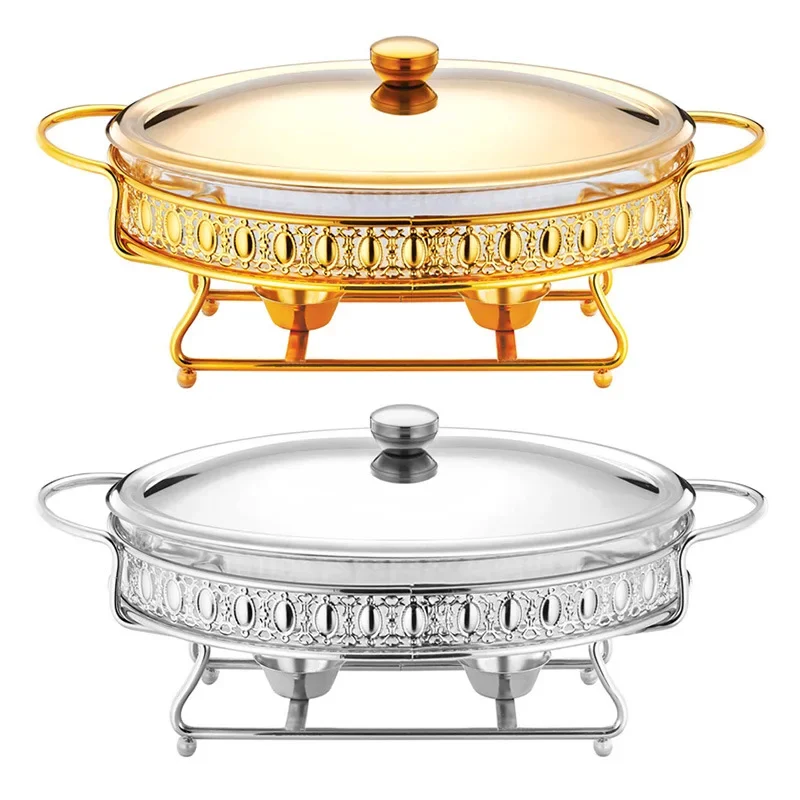 

Food Warmer Buffet Luxury Golden Oval Hotel Wedding Chafing Dish Stainless Steel Glass Serving Dish hot pot small chafing dish