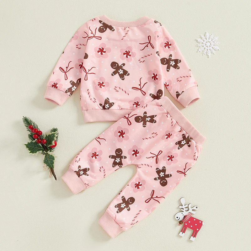 Toddler Girl Christmas Outfits Gingerbread Man Print Crew Neck Long Sleeve Sweatshirts and Long Pants 2Pcs Clothes Set