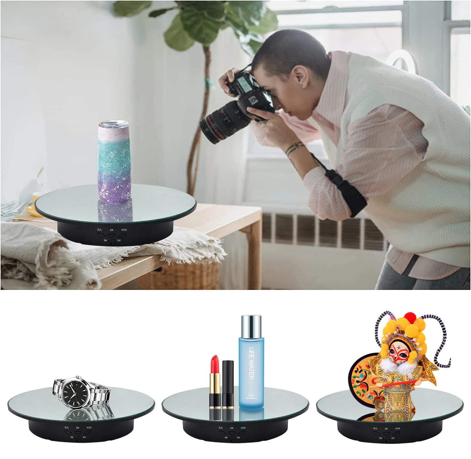 Motorised Rotating Mirror Display Stand,Three Speeds,Turntable,Rotating Holder,USB Power Supply,Rotating Shooting