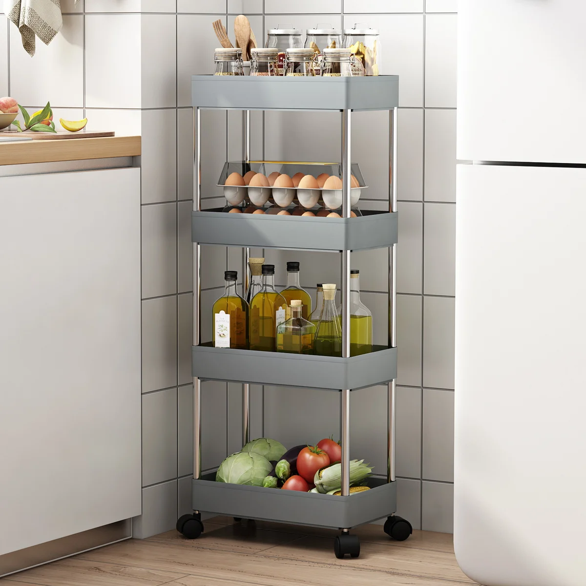 Kitchen storage rack cart sorting cart with wheels Kitchen furniture cabinet mobile plastic storage rack white or gray