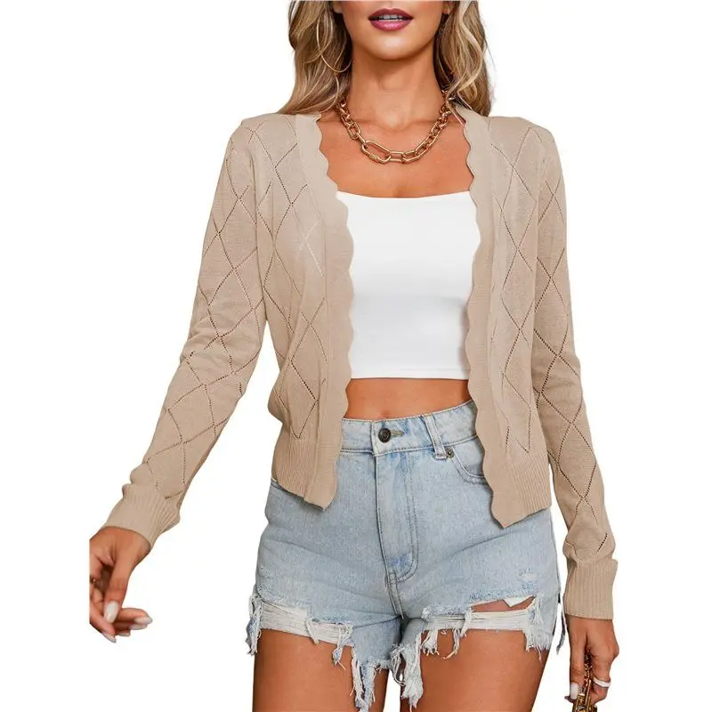 

CYL-Women's Long Sleeve Cropped Cardigan Sweaters Open Front Hollow Out Shrugs