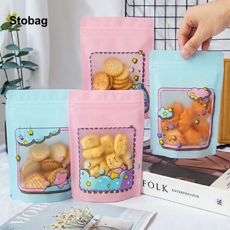 StoBag 50/100pcs Food Packaging Ziplock Bags Cartoon with Window Stand Up for Candy Nuts Snack Storage Sealed Reusable Pouches