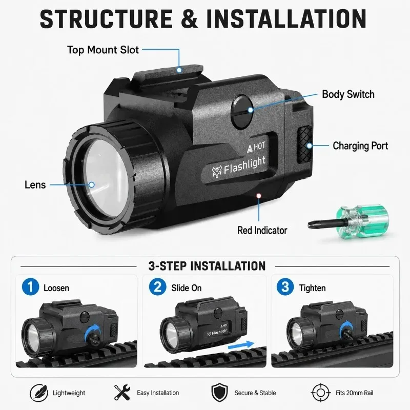 Light‑weight 20mm Rail Installed Flashlight 800 Lumens Red Indicator, Hobby Display Decoration Accessory