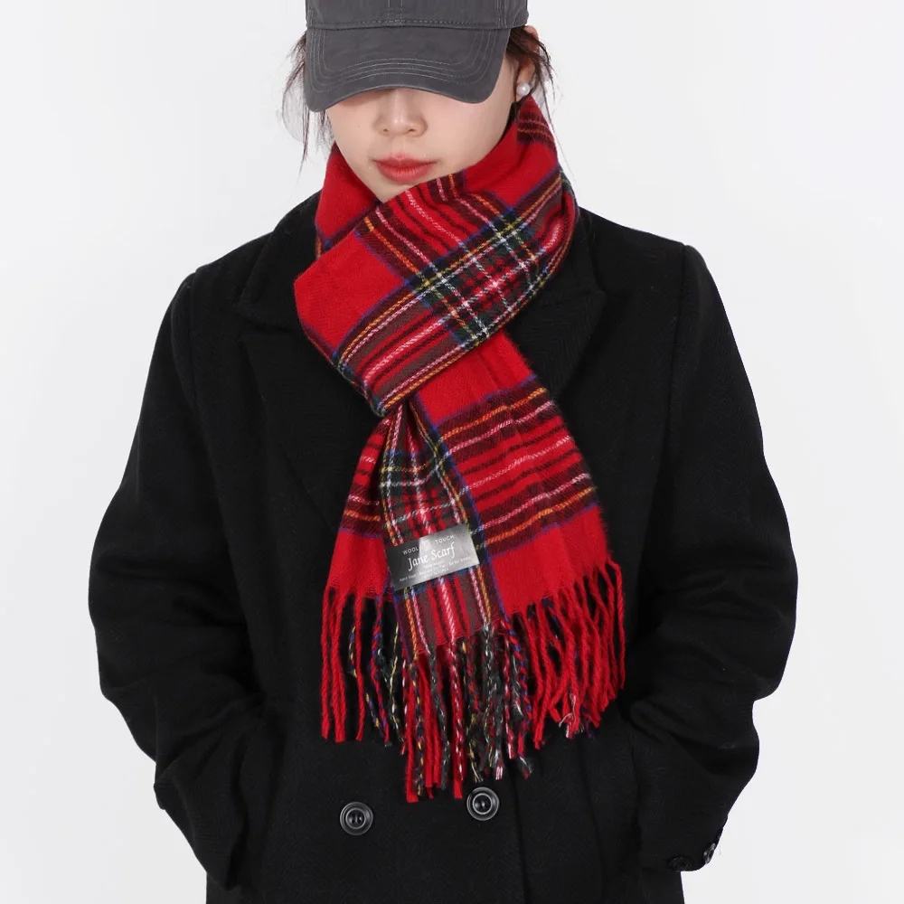 Red Plaid Scarf Women Luxury Brand Designer Winter Keep Warm Cashmere Ring Scarf Neck  Pashmina with Tassel Shawl