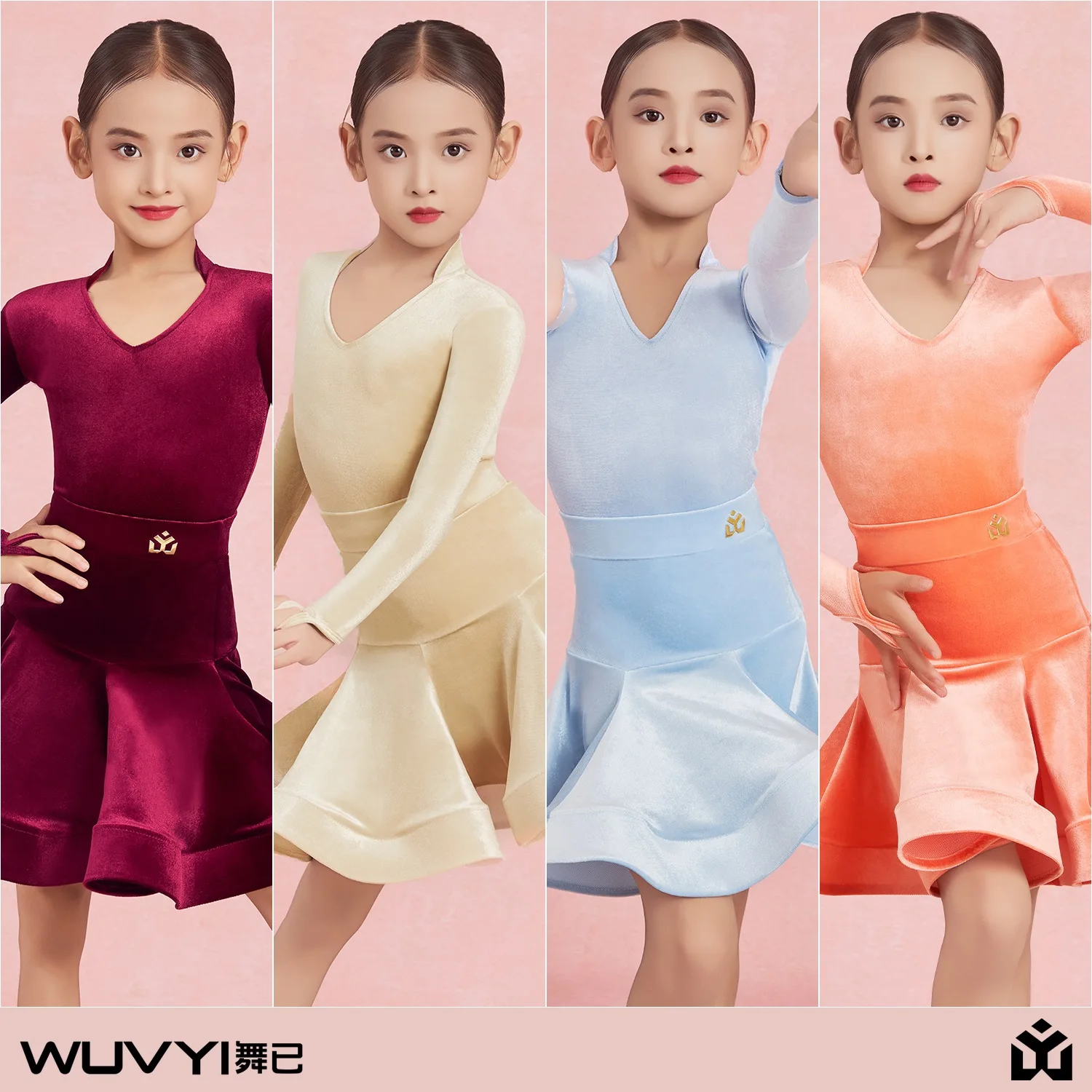 2026 Girls Latin Dance Competition Clothing V Neck Velvet Long Sleeves Dress Fishbone Skirt Cha Cha Dance Practice Wear DNV25873