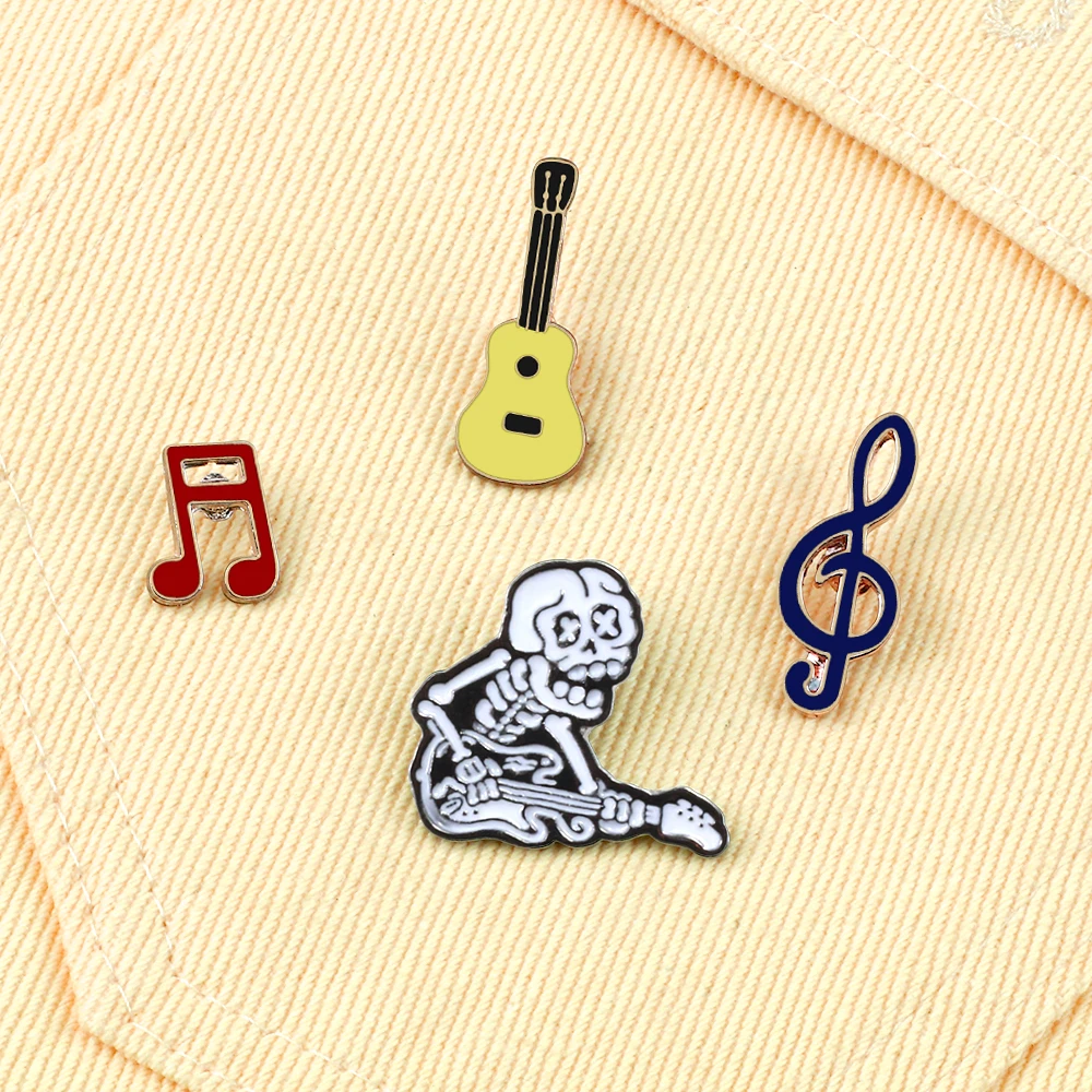 New Charm Crazy Music Party Enamel Pins High Quality Music Note Guitar Skeleton Brooches Women Men Lapel Pin Badges Jewelry Gift