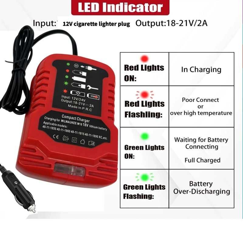 Car Charger For Milwaukee 18V M18 Battery Charger Replacement,Portable Mini Quick Charger,Cigarette Lighter Plug