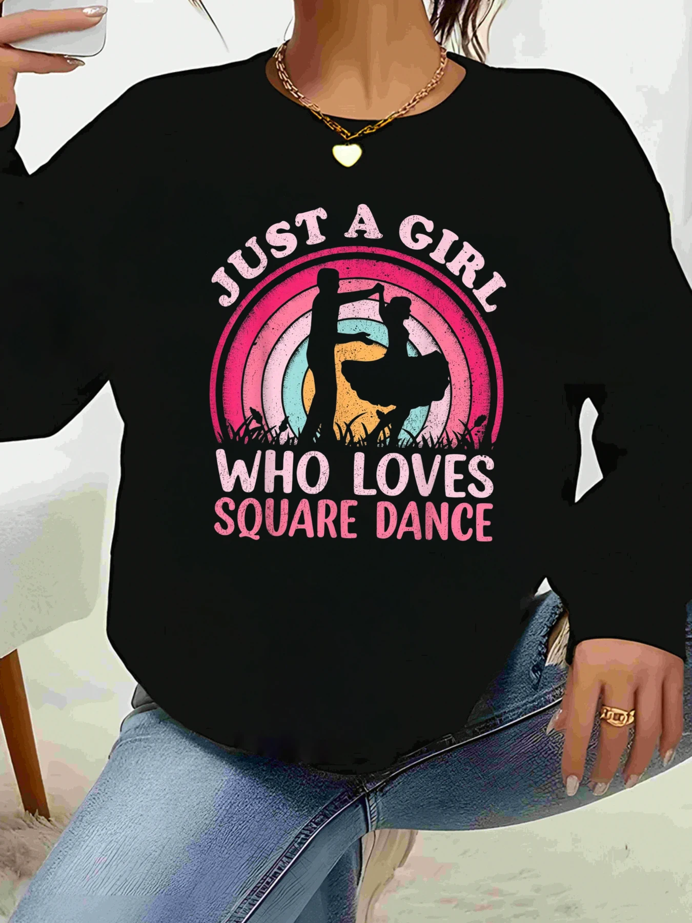 

Just a Girl Who Loves Square Dance Print Long Sleeve Sweatshirt for Women Casual Wear Dance Enthusiast