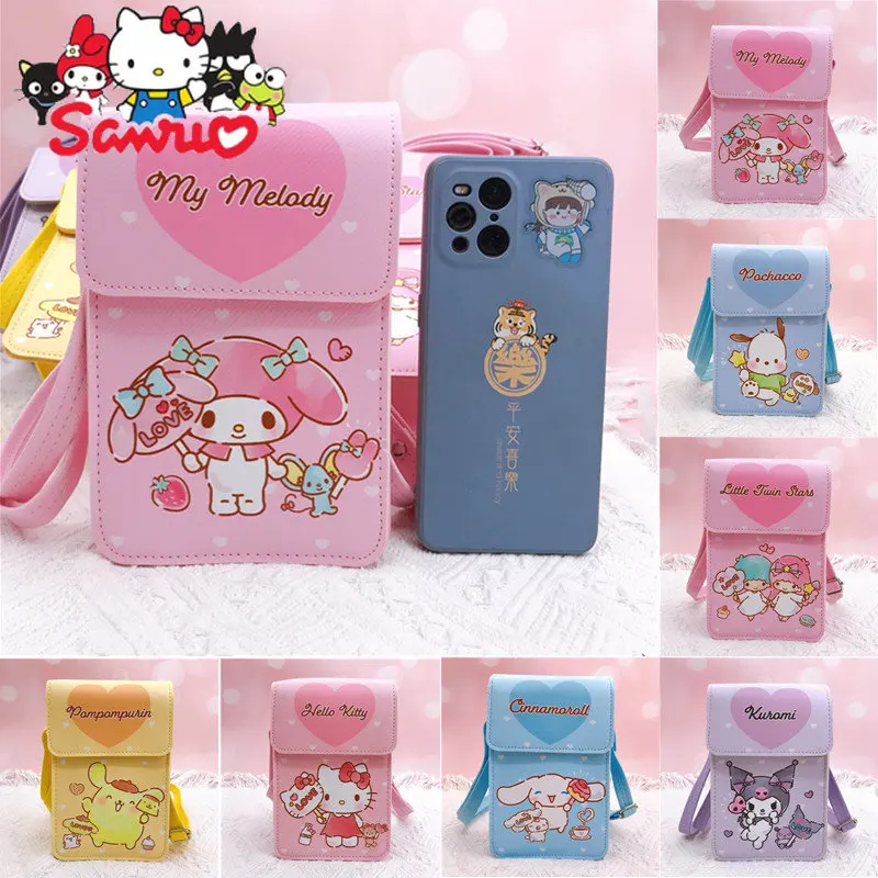 MINISO Kuromi Hello Kitty Melody Cinnamoroll Pochacco Magnetic Clasp Cross-body Phone Bag Cartoon Campus Card Wallet Keychains