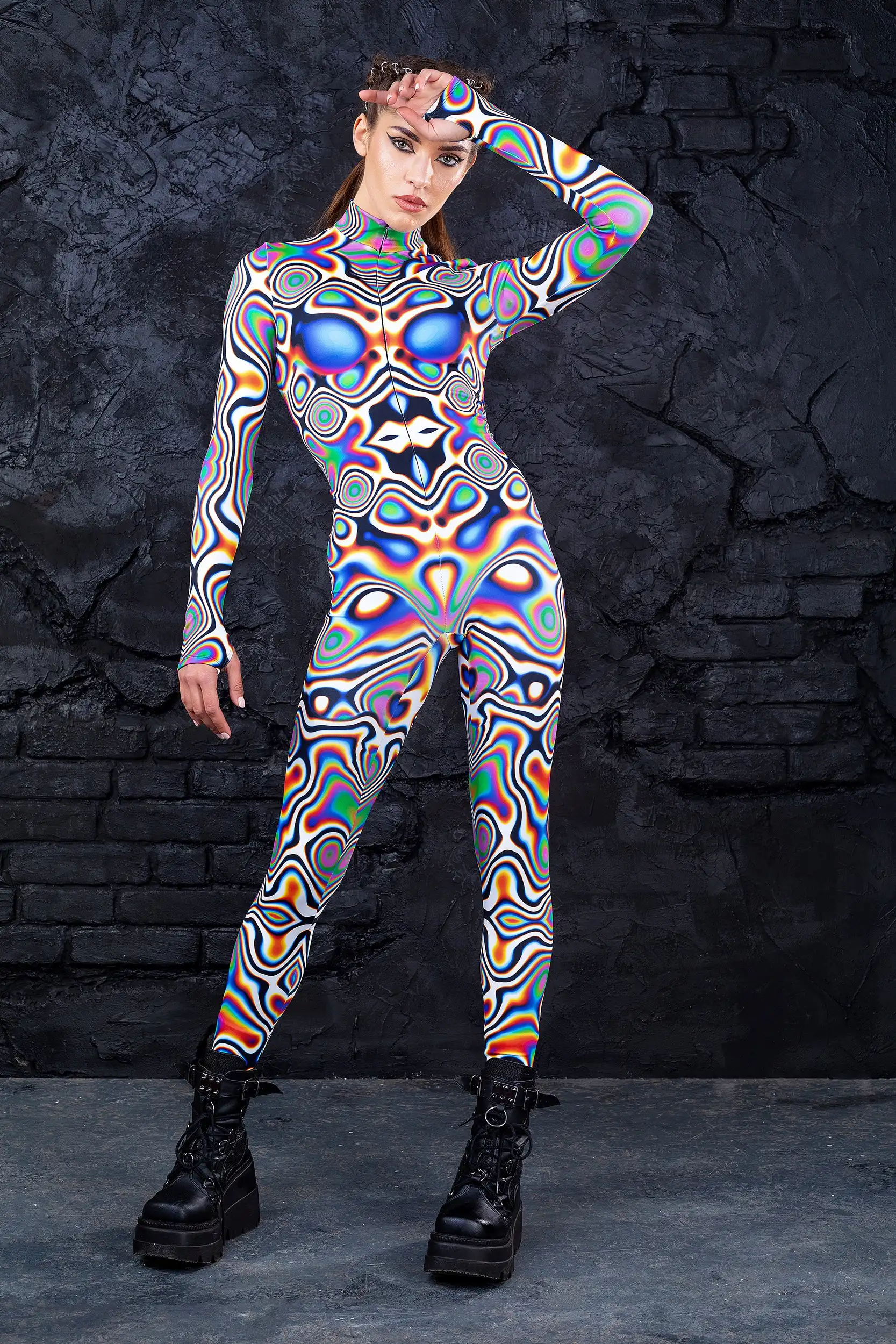 Zawaland Women Long Sleeve Zentai Bodysuit Abstract Geometry 3D Printing Party Fancy Sexy Jumpsuits Cosplay Costumes Performance