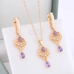 2024 New Arrival Purple Cubic Zircon Inlay Copper Jewelry Gold Color Luxury Quality Jewelry Sets For Elegant Women