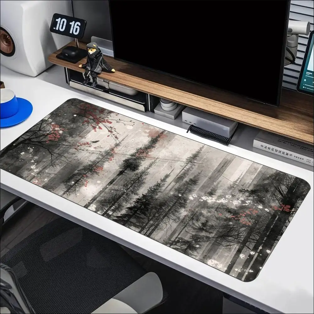 Misty Chinese Ink Wash Tree Landscape Large Gaming Mouse Pad Non Slip Rubber Desk Mat For Laptop Keyboard Home Office Desktop