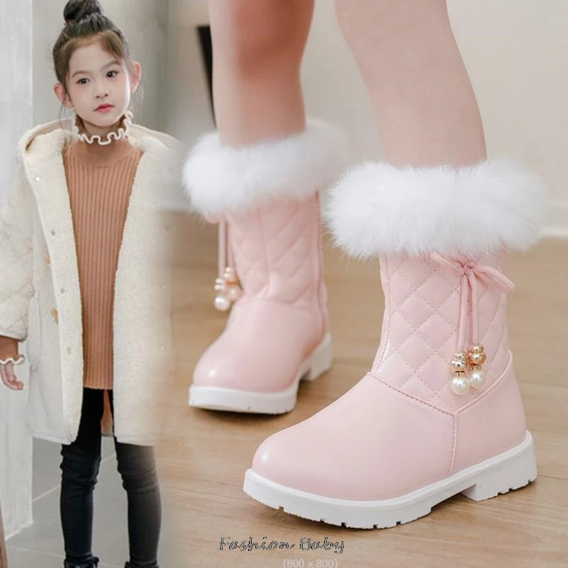 Girls' High Heel Boots Winter Children's High Sleeve Plush Snow Warm Boots Princess Long Pink White Black Boots Size 27-37