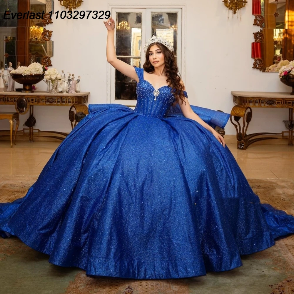 

EVLAST Customized Navy Blue Quinceanera Dress Ball Gown Shiny Applique Crystals Beaded Bow Sweet 16 Vestidos De 15 Anos TQD786