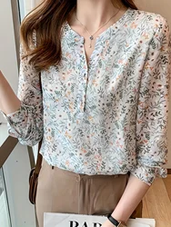 New elegant flower printing shirts for ladies Fashion V-neck Women's chiffon Blouses Spring Autumn Long Sleeve Tops Blusas Mujer