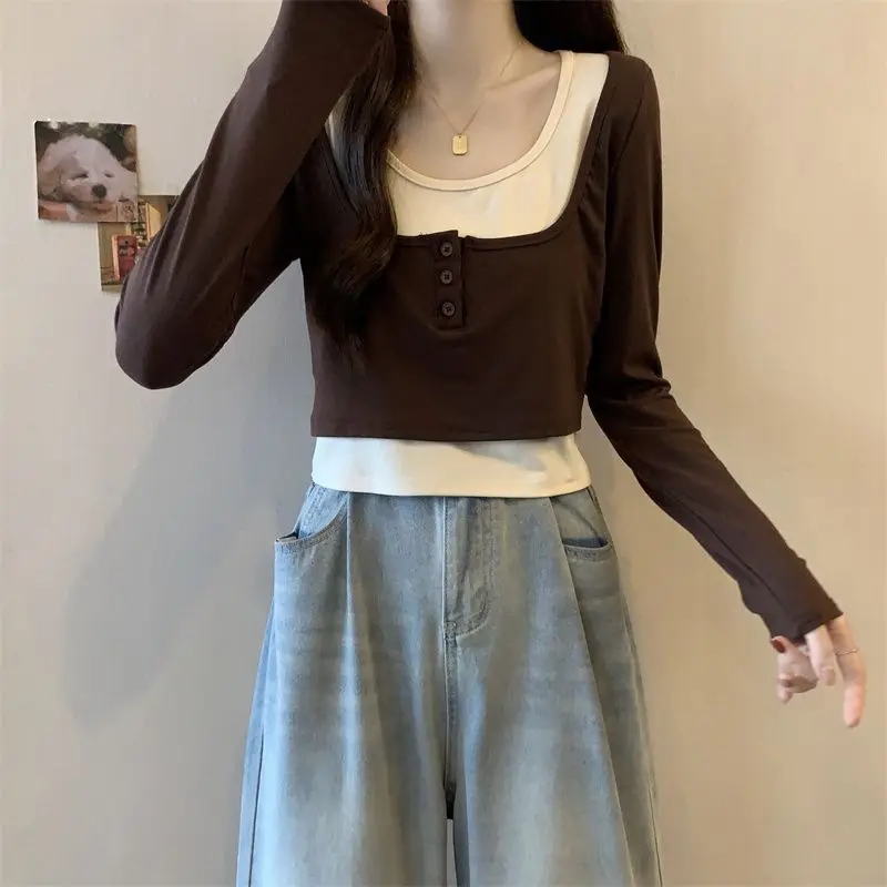 Fake Two Pieces Patchwork Pullovers Spring Autumn New Slim Fashion Button Female Clothing Contrasting Colors Long Sleeve T-shirt