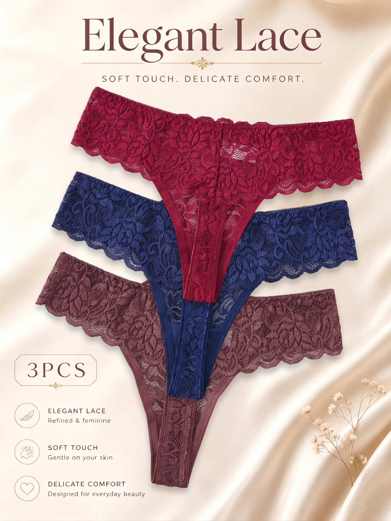 3-Pack Women's Thongs - Elegant Semi-Sheer Low-Rise G-String Underwear with Floral Lace Trim, Suitable for Daily Wear