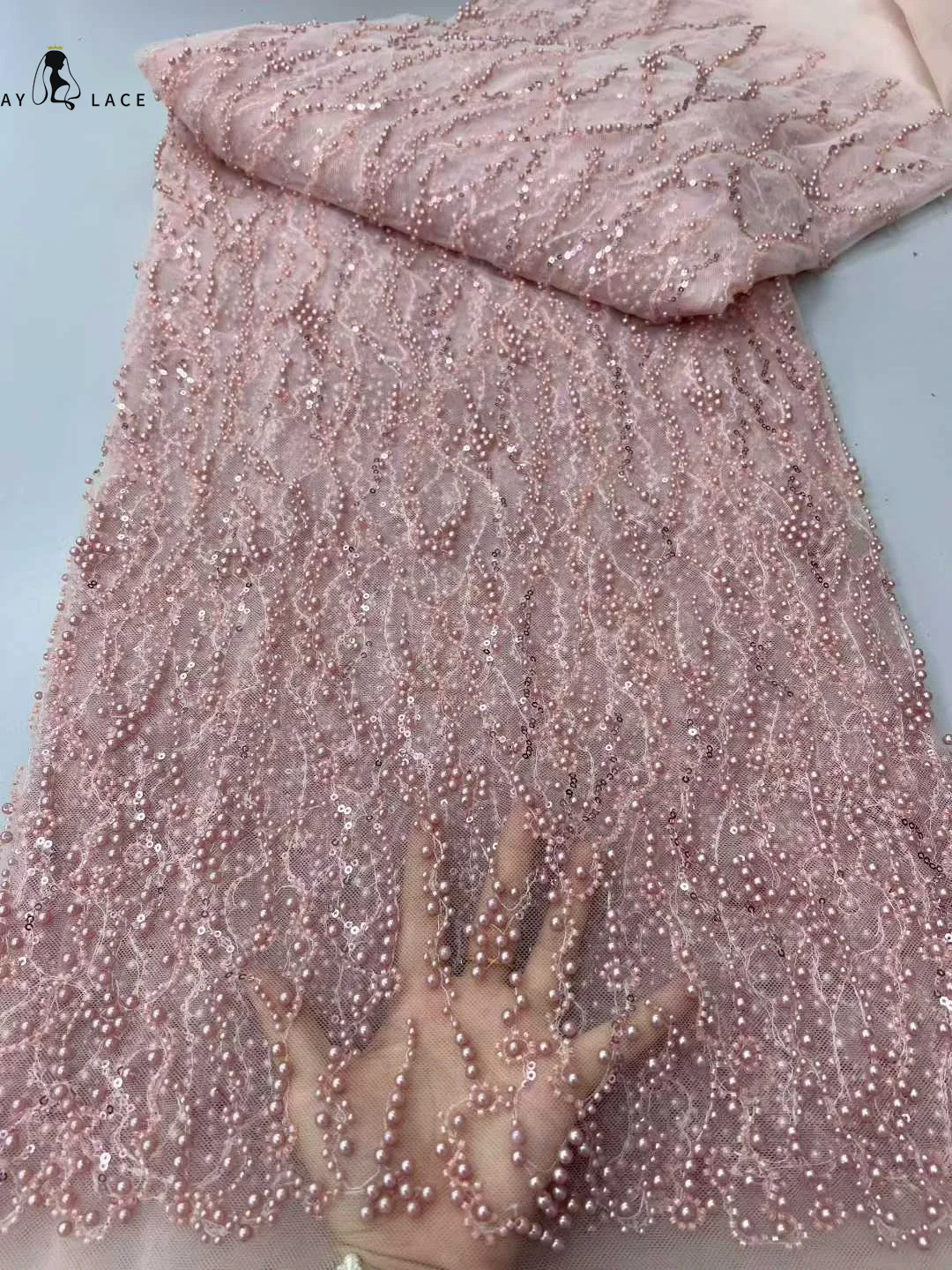 

2025 Luxury High Quality Dubai Sequence Mesh Material Pink Bridal Beaded Lace Fabric Nigerian For African Wedding Party Dresses