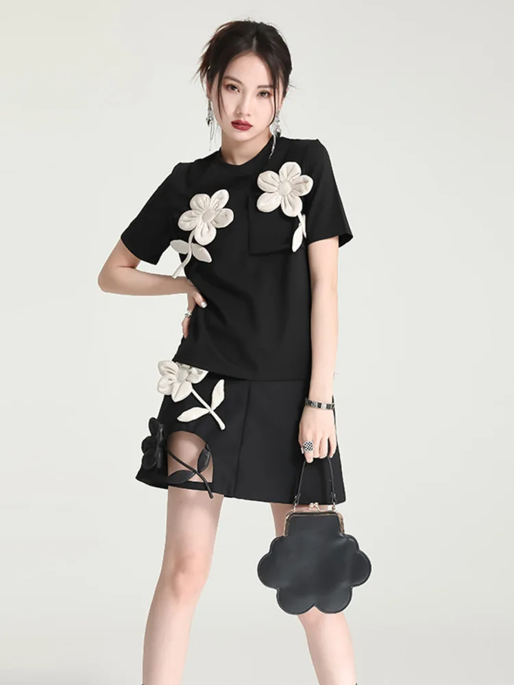 Vestido elegante oco solto com apliques florais 3D – fantasia de palco de manga curta para performance de dança clássica