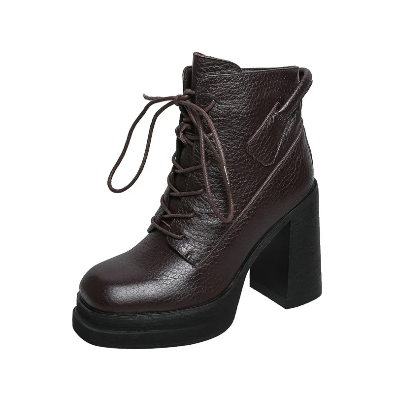 

Punk Women Genuine Leather Ankle Boots Autumn Winter Lady Lace Up High Thick Heels Black Beige Brown Back Zipper Platform Shoes