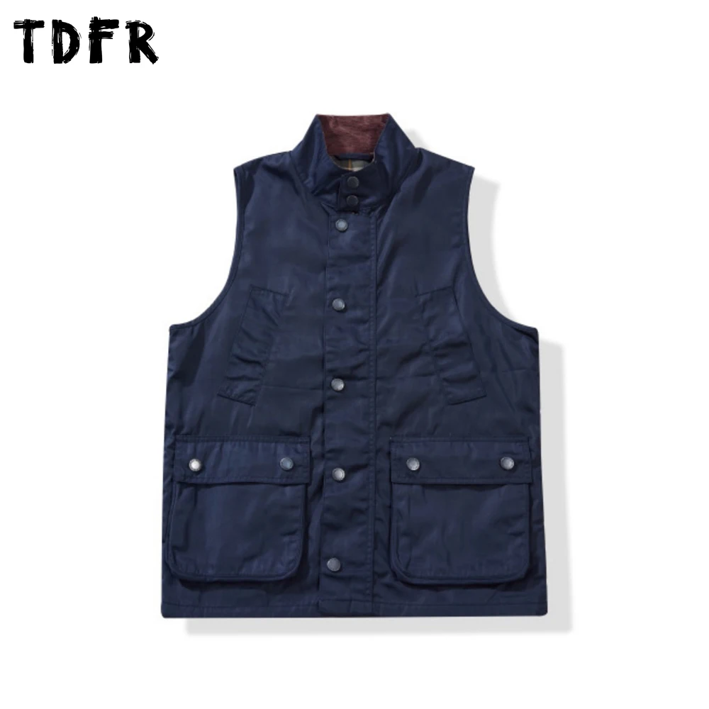 Solid Color Spliced Cargo Vest Mens Multi-Pocket Autumn Retro Safari Style Stand Collar Sleeveless Vest Man