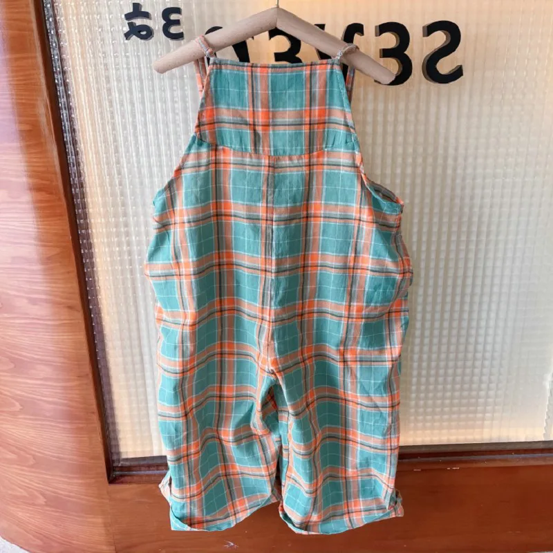 Summer Baby Girls Cotton Contrast Plaid Oversized Adjustable Suspender Bodysuits Kids Jumpsuits Children Overalls Outfits 2-8 Yr