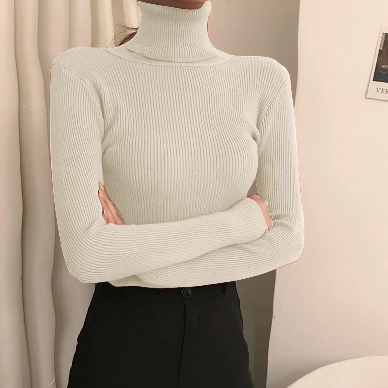 Korean Simple Women Pullover Autumn Fashion Long Sleeve Slim Elastic Turtleneck Sweater Basic Cheap Jumper Solid Color Top