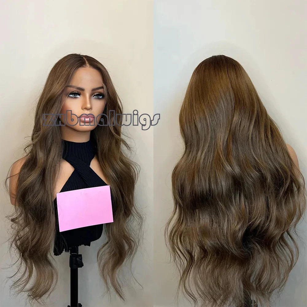 Medium Brown Colored Body Wave  Hairline Glueless Synthetic Hair Lace Front Wig For Women with Baby Hair Daily Wear